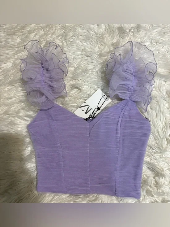 Zara Lilac Tulle Ruffle Strap Ruched Crop Top - Picture 2 of 10